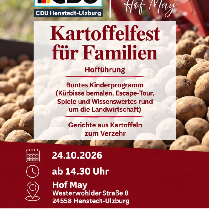 🥔🍂 Kartoffelfest für die ganze Familie! 🚜🎃 Die CDU Henstedt-Ulzburg lädt gemeinsam mit Hof May herzlich zum Kartoffe...